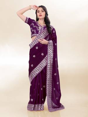 Purple Sequins Embroidery On Digital Print Tussar Silk Saree 1