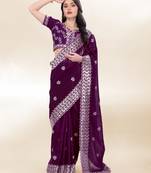 Purple Sequins Embroidery On Digital Print Tussar Silk Saree