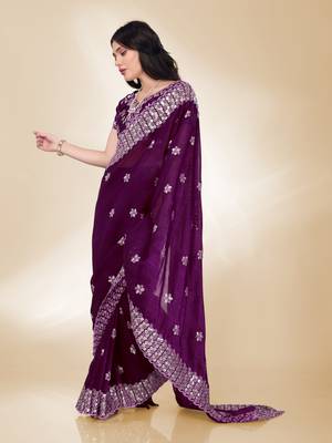 Purple Sequins Embroidery On Digital Print Tussar Silk Saree 2
