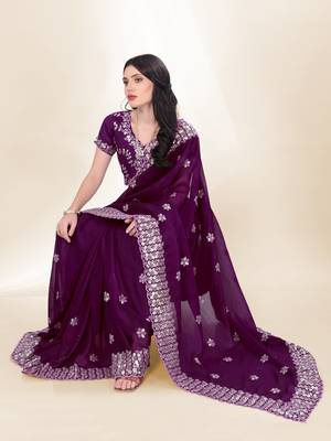 Purple Sequins Embroidery On Digital Print Tussar Silk Saree 3