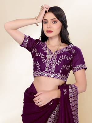 Purple Sequins Embroidery On Digital Print Tussar Silk Saree 4