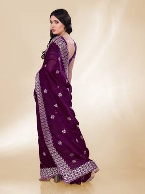 Purple Sequins Embroidery On Digital Print Tussar Silk Saree 5