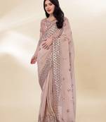 Beige Sequins Embroidery On Digital Print Tussar Silk Saree