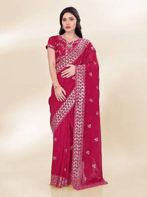 Rani-Pink Sequins Embroidery On Digital Print Tussar Silk Saree 1