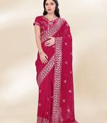 Rani-Pink Sequins Embroidery On Digital Print Tussar Silk Saree