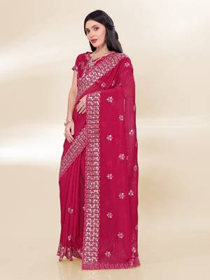 Rani-Pink Sequins Embroidery On Digital Print Tussar Silk Saree 2