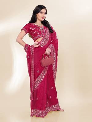 Rani-Pink Sequins Embroidery On Digital Print Tussar Silk Saree 3