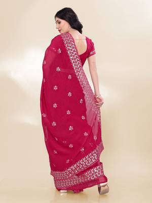 Rani-Pink Sequins Embroidery On Digital Print Tussar Silk Saree 4