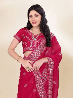 Rani-Pink Sequins Embroidery On Digital Print Tussar Silk Saree 5