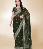 Green Sequins Embroidery On Digital Print Tussar Silk Saree