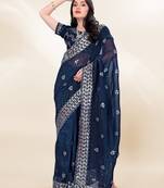 Blue Sequins Embroidery On Digital Print Tussar Silk Saree