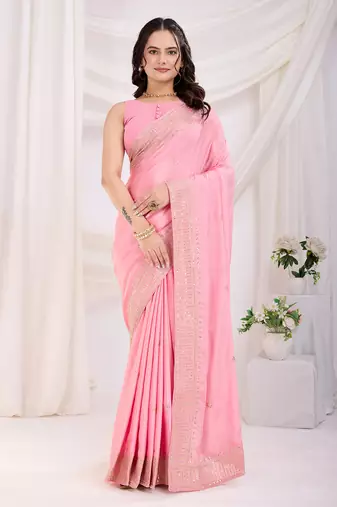 Light-Pink Sequins Embroidered Chinon-Silk Saree Collection