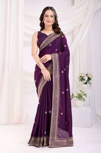 Purple Sequins Embroidered Chinon-Silk Saree