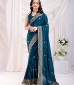 Blue Sequins Embroidered Chinon-Silk Saree