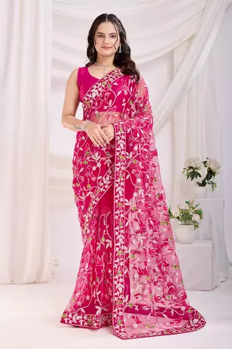 Striking Rani-Pink Chikankari Embroidered Soft Net Fabric Indian Best Collection Wedding Saree
