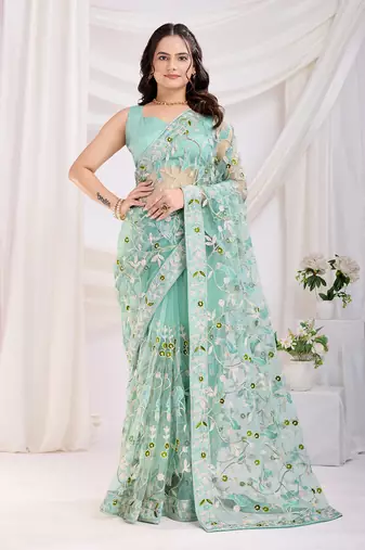 Winsome Sky-Blue Chikankari Embroidered Soft Net Fabric Indian Bridal Wedding Saree Collection