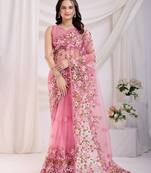 Pink Chikankari Embroidered Soft Net Saree