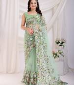 Pastel-Green Chikankari Embroidered Soft Net Saree