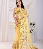 Yellow Chikankari Embroidered Soft Net Wedding Saree