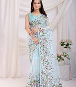 Sky-Blue Chikankari Embroidered Soft Net Saree