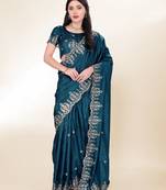 Teal Green Kashmiri Embroidered Chinon Silk Saree