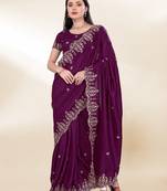 Purple Kashmiri Embroidered Chinon-Silk Saree