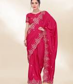 Rani-Pink Kashmiri Embroidered Chinon-Silk Saree