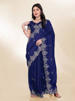 Navy-Blue Kashmiri Embroidered Chinon-Silk Saree 1
