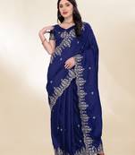 Navy-Blue Kashmiri Embroidered Chinon-Silk Saree