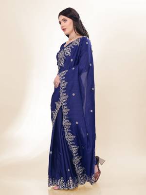 Navy-Blue Kashmiri Embroidered Chinon-Silk Saree 2