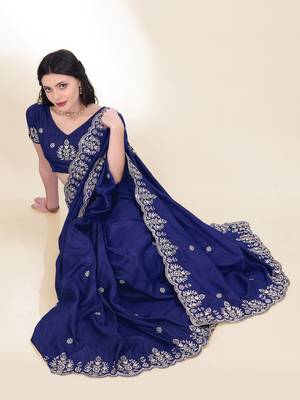 Navy-Blue Kashmiri Embroidered Chinon-Silk Saree 3