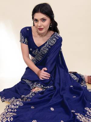 Navy-Blue Kashmiri Embroidered Chinon-Silk Saree 4