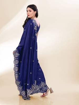 Navy-Blue Kashmiri Embroidered Chinon-Silk Saree 5