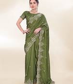 Mehendi Green Kashmiri Embroidered Chinon-Silk Saree