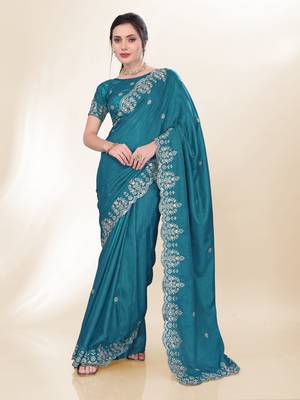 Blue Kashmiri Embroidered Chinon-Silk Saree 1