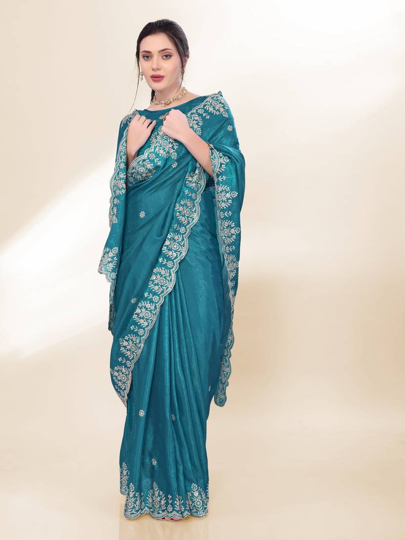Blue Kashmiri Embroidered Chinon-Silk Saree