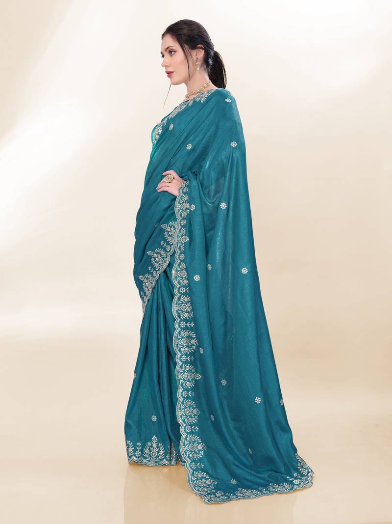 Blue Kashmiri Embroidered Chinon-Silk Saree