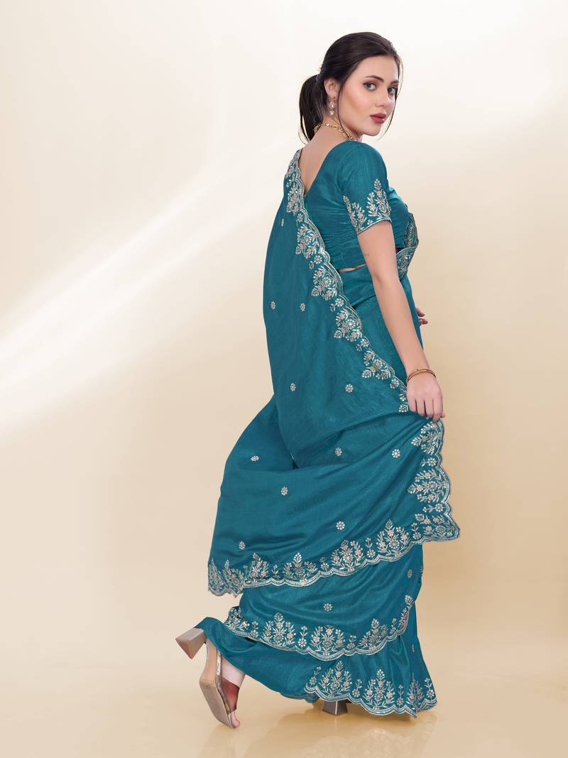 Blue Kashmiri Embroidered Chinon-Silk Saree