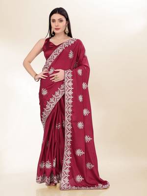 Maroon Kashmiri Embroidered Chinon-Silk Saree 1