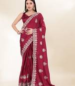 Maroon Kashmiri Embroidered Chinon-Silk Saree