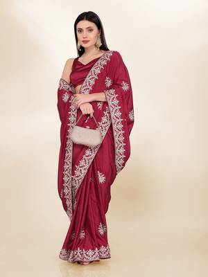 Maroon Kashmiri Embroidered Chinon-Silk Saree 2