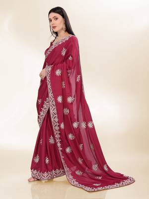 Maroon Kashmiri Embroidered Chinon-Silk Saree 3
