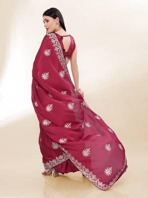 Maroon Kashmiri Embroidered Chinon-Silk Saree 4