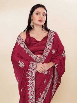 Maroon Kashmiri Embroidered Chinon-Silk Saree 5