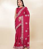 Rani-Pink Kashmiri Embroidered Chinon-Silk Wedding Saree