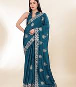 Archaic Blue Kashmiri Embroidered Chinon-Silk Saree