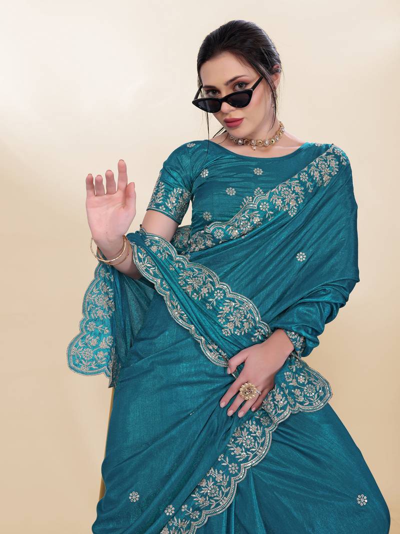 Blue Kashmiri Embroidered Chinon-Silk Saree