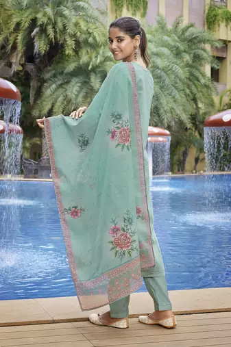 Sea green viscosee chanderi beautiful partywear suit
