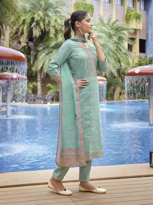 Sea green viscosee chanderi beautiful partywear suit 4