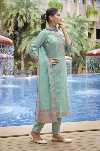Sea green viscosee chanderi beautiful partywear suit